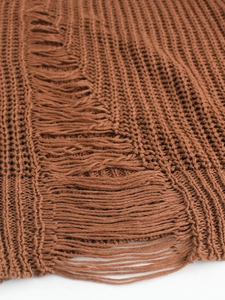 Pull en maille ajourée marron avec détails à franges et manches longues pour femmes