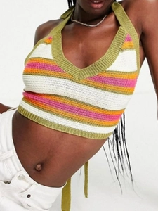 Women's multi-colored striped knit halter crop top with deep V-neck for summer beach