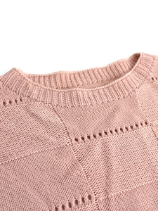 Pink crewneck knit top for women with checkered weave and eyelet hollow details
