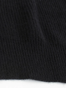 Close-up of black knitted fabric showing vertical ribbing and fine wool texture detail