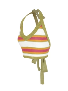Women's knit halter neck crop top with colorful horizontal stripes and back tie-up design