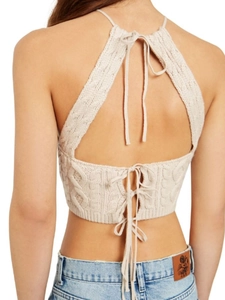Top a lupetto da donna in maglia a trecce crema con schiena scoperta e lacci