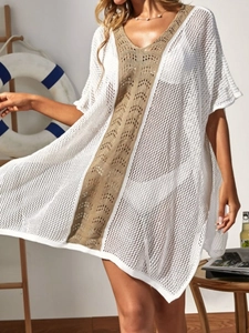Robe de plage au crochet pour femme avec col en V et patchwork blanc et kaki ajouré