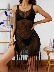 Damen Sexy Schwarz Ajour Häkeln Strand Cover Up Kleid Ärmellos Quasten Fransen Urlaub Strick Spaghettiträger Midi Kleid