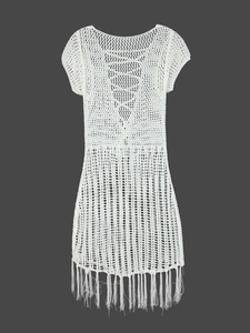 Weißes Häkel-Strandkleid mit Lochmuster und eleganten Fransen für Damen im Sommer