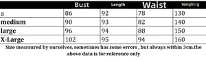 Size guide for knit beach dress showing bust, length, waist and weight measurements