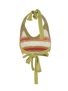 Women's knit halter crop top with colorful stripes and green tie-back straps