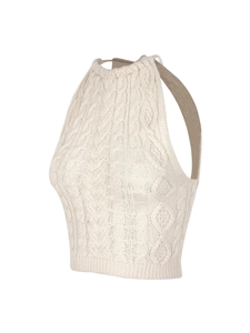 Top corto chic a maglia intrecciata color crema con scollo all'americana e orlo a costine