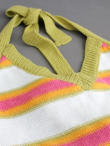 Women's V-neck halter knit tank top featuring vibrant colorful stripes and ties