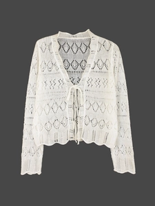 Gilet en crochet crème avec lacets et motifs ajourés style bohème pour femme