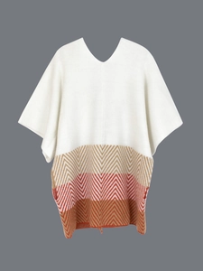 Women's V-neck knit poncho shawl with white and chevron multicolor stripe pattern