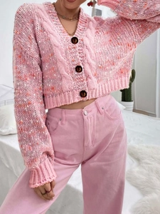 Pink chunky knit cropped cardigan sweater for women with button detail and sequin accents