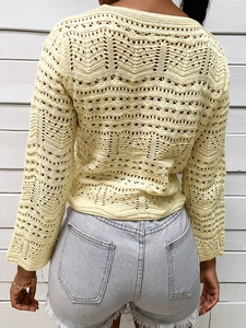 Cream crochet long sleeve knit beach coverup with elegant hollow wave pattern on back
