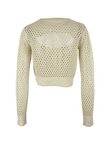Maglione corto da donna in maglia crochet beige con maniche lunghe e design traforato