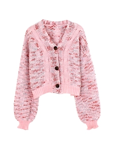 Pink space-dye cable knit cardigan for women featuring V-neck and three-button closure
