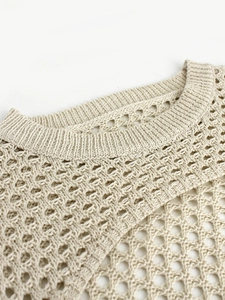 Maglione all'uncinetto beige da donna, elegante trama traforata per primavera e autunno