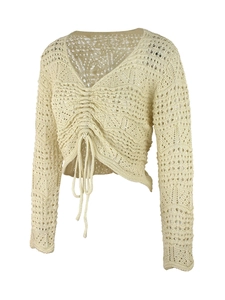 Women's crochet hollow out long sleeve beach cover up top in beige with drawstring