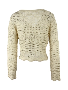Chic cream long sleeve crochet knit cover-up top with geometric patterns and scalloped hem