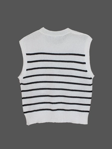 Débardeur en maille col rond pour femme avec rayures noires et blanches et bords côtelés