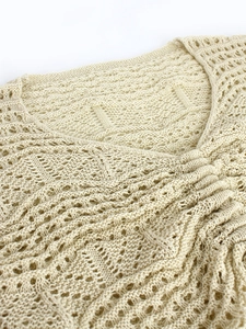 Chic beige crochet knit V-neck beach cover-up with intricate hollow geometric patterns