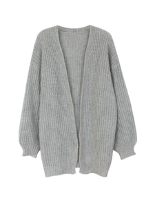 Women's light grey long-sleeve knit cardigan with thick texture and ribbed cuffs