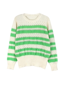 Off-white knit sweater with green stripes featuring hollow out and cable stitch details