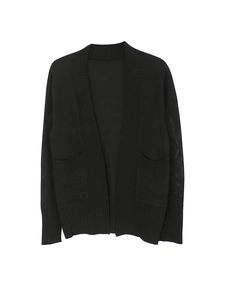 Classic black long-sleeved open-front knit cardigan with two front square pockets