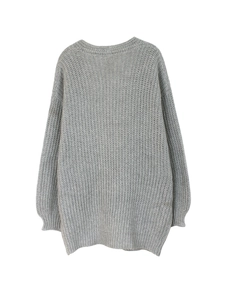 Chunky knit grey long sleeve crewneck sweater with a loose drop shoulder oversized fit
