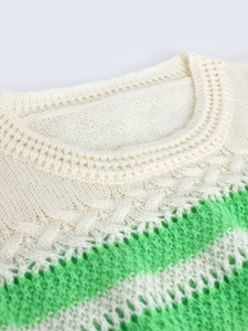 Women's crewneck knit sweater with green stripes and decorative pointelle cable stitching