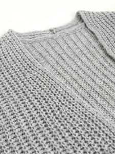 Women's mid-gray long-sleeved knit cardigan with detailed honeycomb texture and ribbed collar