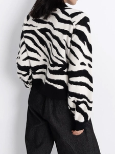 Women's crew neck long sleeve knit sweater with classic black and white zebra pattern