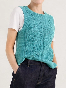 Lake blue hollow knit sweater vest for women with round neck and geometric diamond patterns