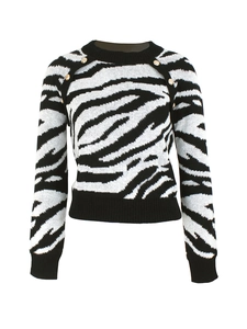 Women's zebra print knit sweater with gold shoulder buttons and round neck