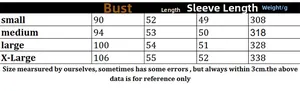 Size chart for women's cable knit sweater with bust length and sleeve measurements