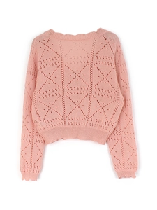 Short light pink V-neck cardigan with long sleeves and delicate pointelle knit patterns