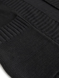 Close-up detail of black knitted cardigan fabric texture and ribbed cuff craftsmanship