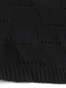 Detail of black knit fabric featuring hollow checkerboard texture and ribbed hem edge
