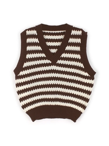 Women's V-neck knitted vest featuring brown and white horizontal stripes in a flat lay view