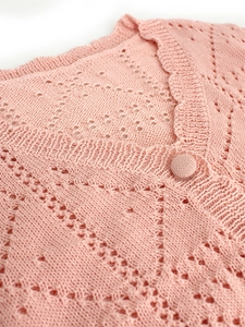 Pink knit cardigan featuring a V-neck, hollow-out pointelle patterns, and matching buttons