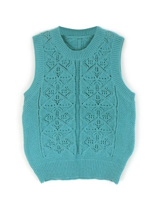 Teal knit sweater vest for women with geometric hollow pattern and ribbed crew neck