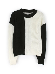 Women's crewneck long sleeve knit sweater with black and white color block cable knit