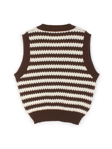 Women's V-neck knitted sweater vest with brown and white wavy stripes on white background