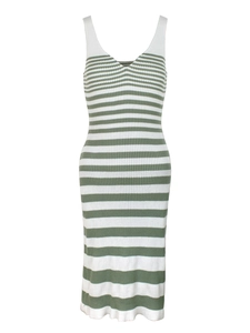 Women Casual Ribbed Knit Striped V Neck Sleeveless Midi Dress Summer Bodycon Tank Top Sundress With Side Slit Green White