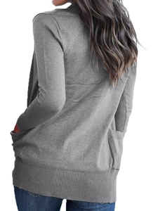 Rear view of grey long-sleeved knitted cardigan featuring ribbed hem and side pockets