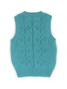 Women's blue knit vest sweater with hollow diamond patterns and ribbed edges