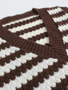 Women's V-neck knitted sweater vest featuring brown and white zigzag pattern details