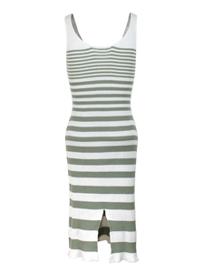 Green and white striped V-neck sleeveless bodycon knit midi dress with side slit detail