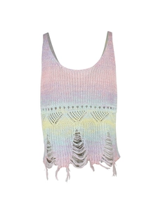 Débardeur tricoté arc-en-ciel pour femme avec détails ajourés et ourlet à franges