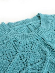Lake blue knitted sweater vest for women featuring a ribbed crew neck and hollow-out pattern
