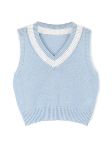 Débardeur en tricot bleu clair pour femme avec col en V rayé blanc et bord côtelé